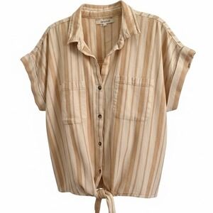 Rip Curl Womens M Boho Tie Front Linen Blend Shirt Beige Stripe Short Sleeve
